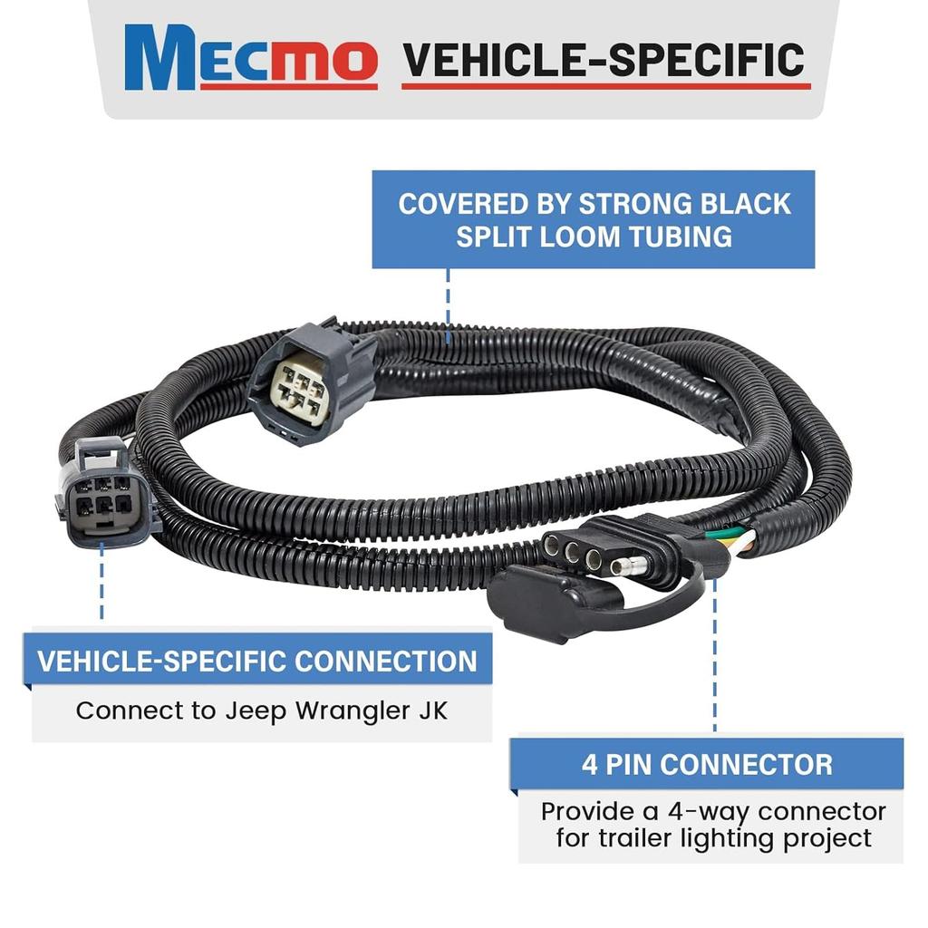 MECMO 4-Pin Trailer Wiring Harness For Jeep Wrangler JK JKU 2007-2018, Tow Hitch Wiring For Rubicon Sahara Sport Unlimited 2-Door 4-Door Trailer