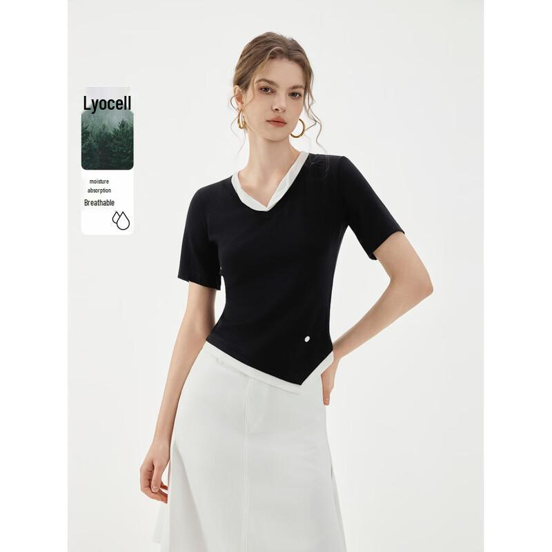 ELLE Contrast Lapel Lyocell Short Sleeve T-Shirt S