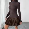 Autumn Winter Casual Slim Black Elasticity Puffy Dresses Simple Elegant A-line Turtleneck Long-sleeve Solid Mini Dress Female