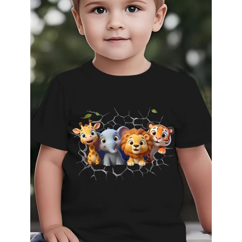 European sizes Summer Boys' Stylish Short-Sleeve T-Shirt Featuring Cartoon Prints of a Giraffe, Elephant, Lion, And Tiger Breaking Through a Wall