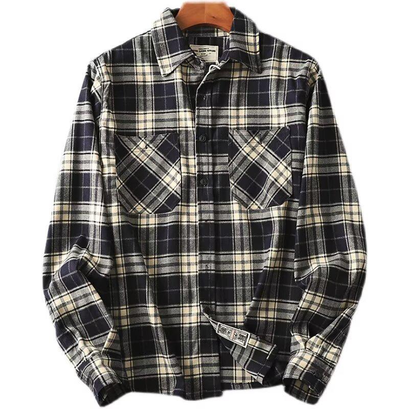 

Мужская плотная рубашка в клетку цвета хаки в стиле ретро рабочей одежды, 300 г, утолщенная с двойными карманами, длинными рукавами, модная и стильная. 3XL тёмно-синий