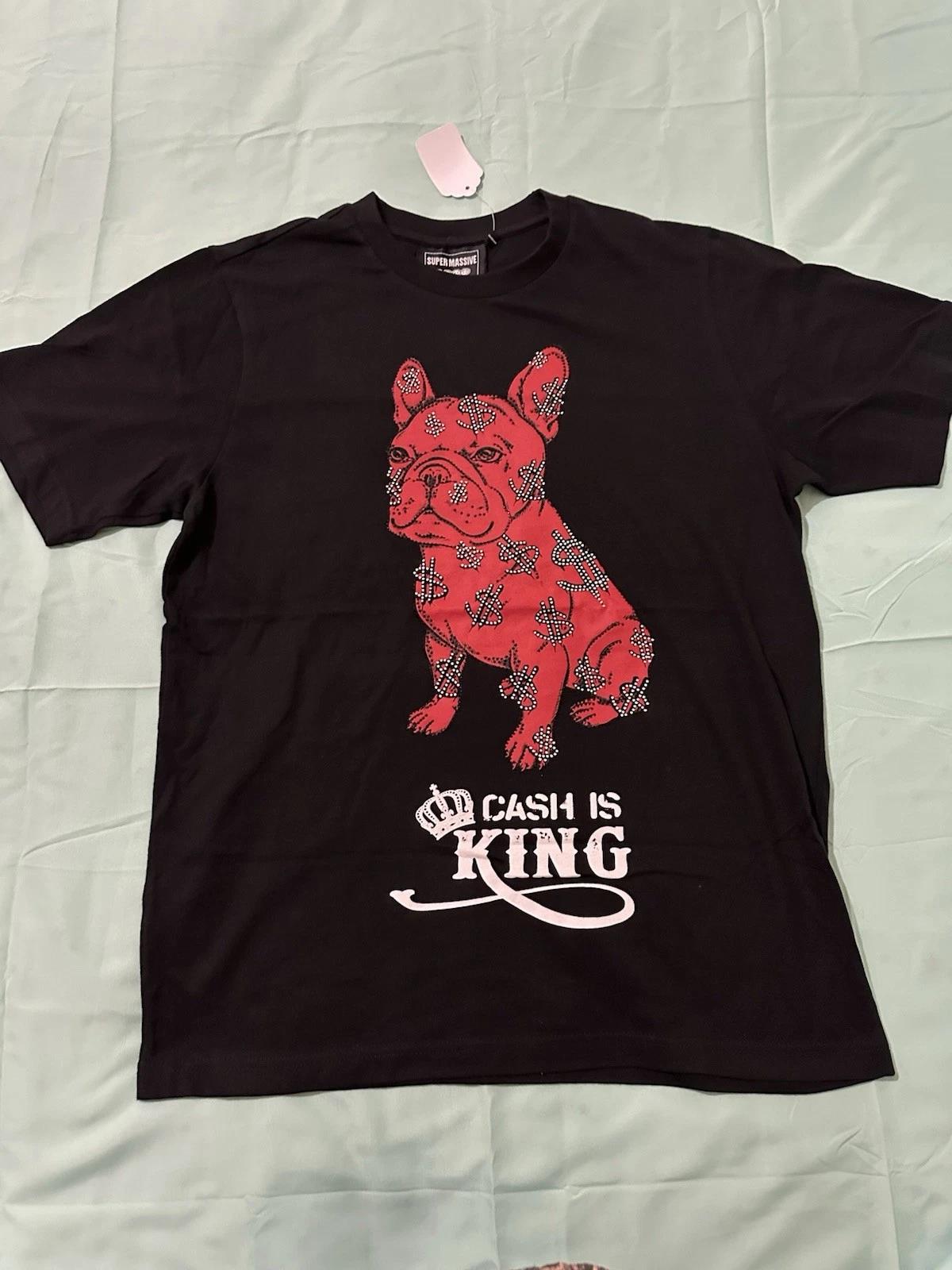 

Rhinestone Studded Bulldog Cash Is King Black 100% Cotton T-shirt Mens Tees Top L