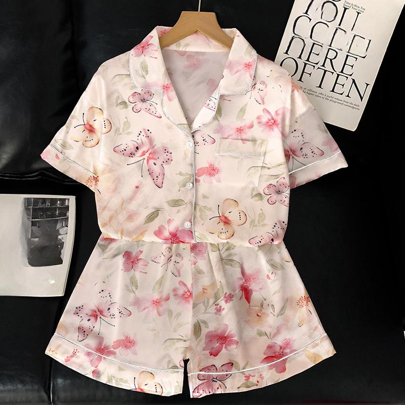 Summer Women's Pajamas Set Luxury Satin Silk Pyjamas Short Sleeve Cute Cartoon Sleepwear Casual Home Clothes Nightwear for Women