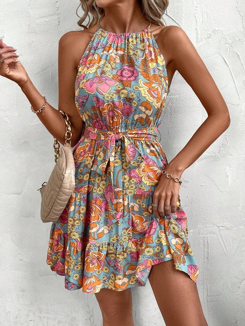 Europe, America 2026 spring and summer new women s clothing sexy straps neck split printing holiday dress S