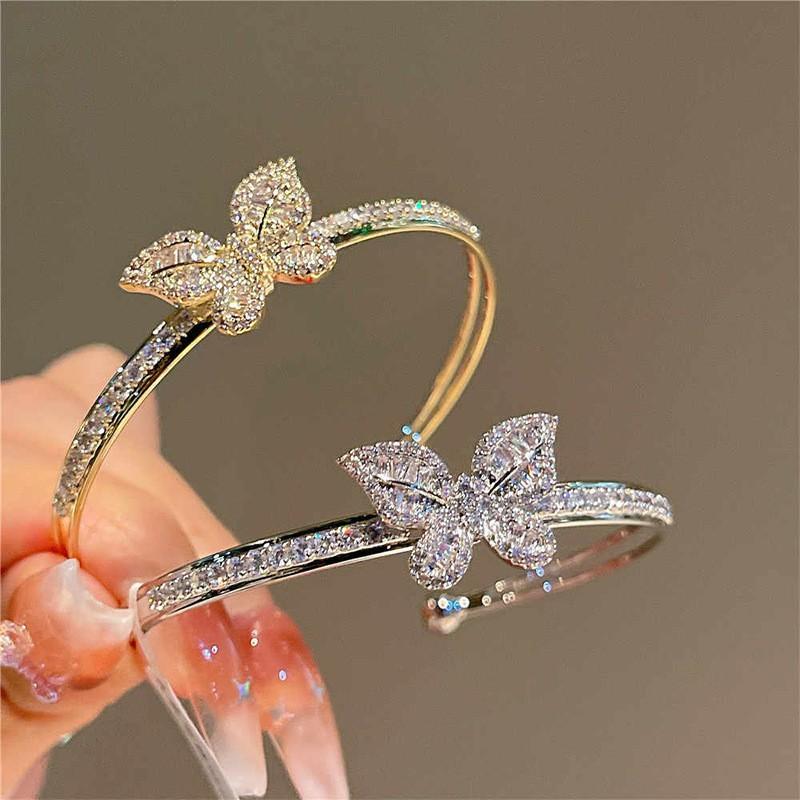Gold Plated Zircon Butterfly Double Layer Open Cuff Bracelet Women Lightweight Luxury Fashion Jewelry