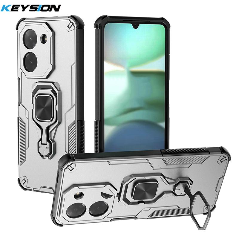 KEYSION Shockproof Armor Case for Redmi A5 4G Soft Silicone+PC Upright Metal Ring Stand Phone Back Cover for Xiaomi POCO C71