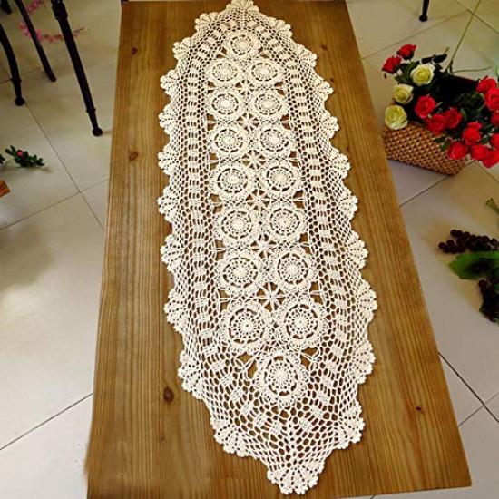 Crocheted Cotton Lace Table Handmade Tablecloth, Handmade, Runner, 100% Cotton, Nordic, (Beige, 40x150cm)
