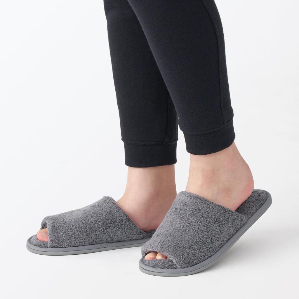 MUJI Washable Cotton Tile Open Charcoal Size 84770432 Slippers, Front, Gray, L,