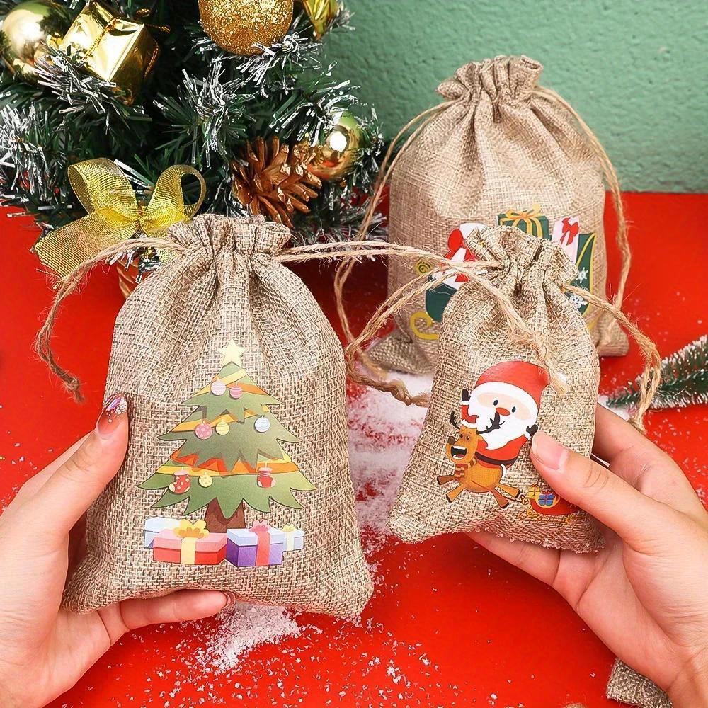 6/8pcs Small Jute Bags with Santa, Reindeer, Snowman & Christmas Tree Designs for Gift Wrapping, Christmas Decorations