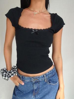 Lace-trimmed Knitted Y2k T-shirt for Summer Square Neck Short-sleeved Crop Top