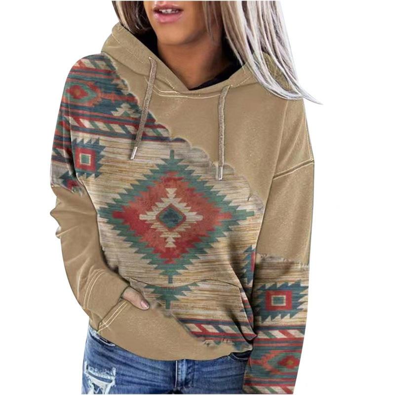 Plus Size Women Long Sleeve Round Neck Pullover Autumn Ethnic Printed Hoodie Winter Loose Casual Hooded Sweatshirt