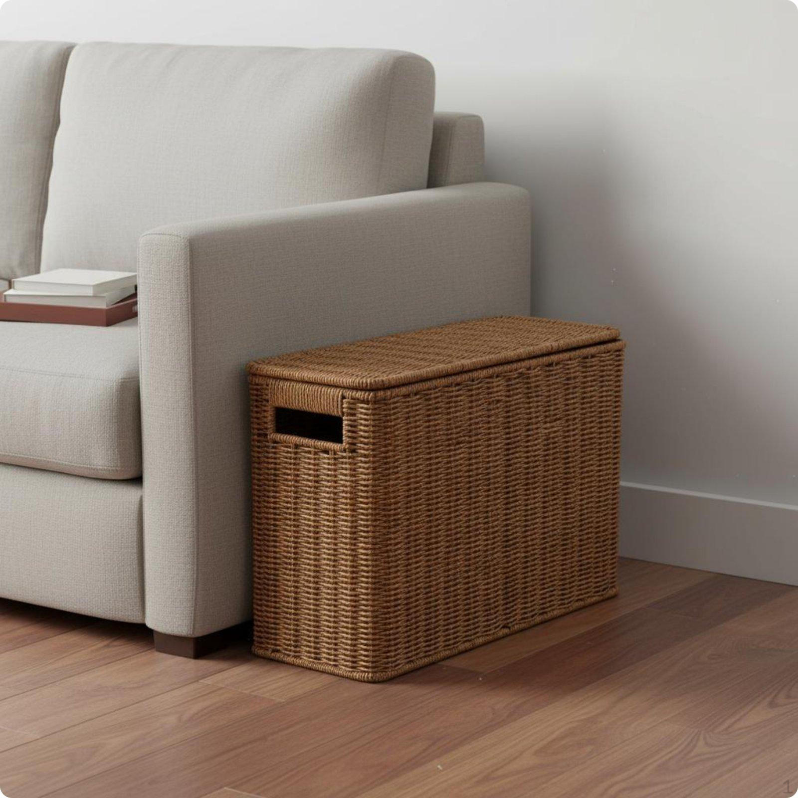 Narrow Storage Basket Lidded Rattan Look Box SpaceSaving Compartment