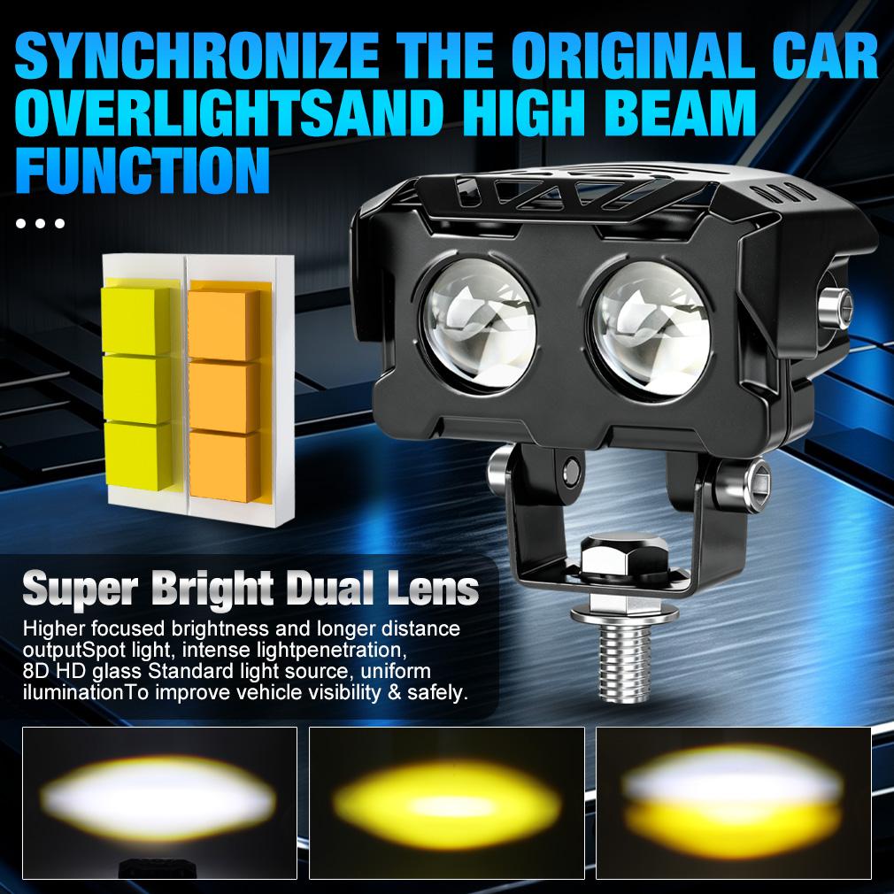 1X Universal Motorcycle LED Lens Spotlight Double Lenses Spotlight Motorcycles Auxiliary Fog Lamp Dual Color White Yellow Waterproof Light 6000K 3000K