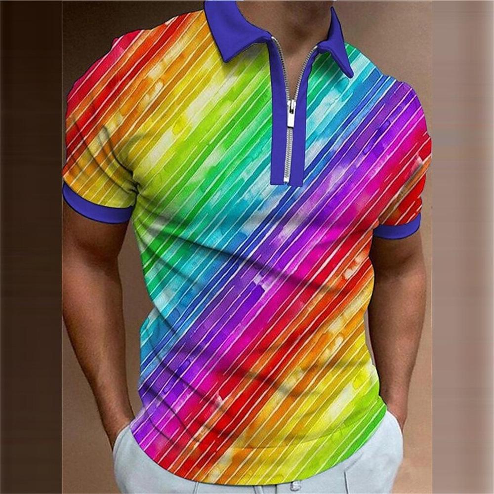 3D Cubic Print Short Sleeve Polo Shirt with Zipper, Trendy Casual Top