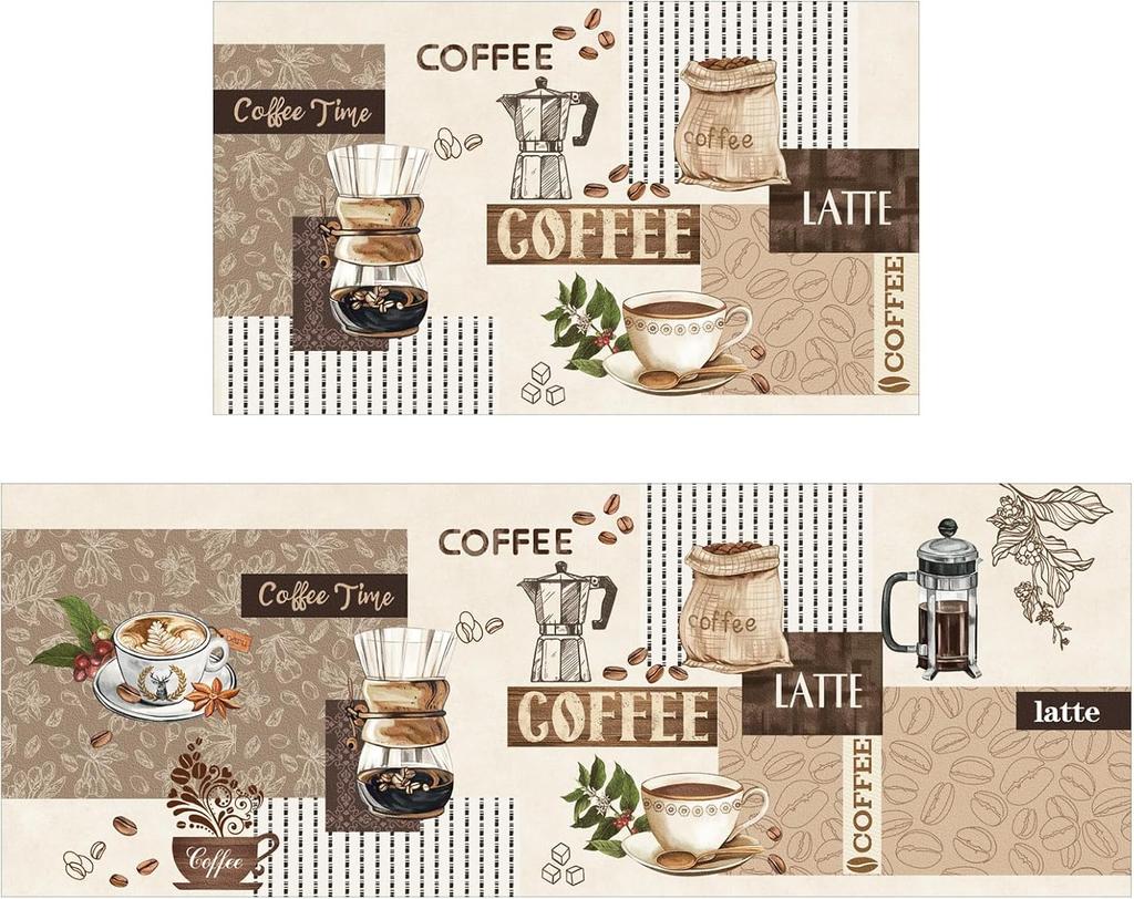 Kávový kuchyňský koberec Farmhouse Dekor Kuchyňská podlahová rohož Absorpční a omyvatelný běžecký koberec Kávový Vintage kuchyňský koberec