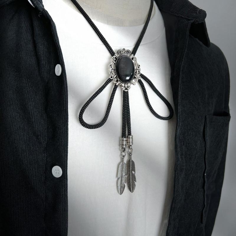 Men Women Handmade Vintage Bolo Tie Western Cowboy Braided Rope Necktie with Antique Stone Feathered Pendant Necklace