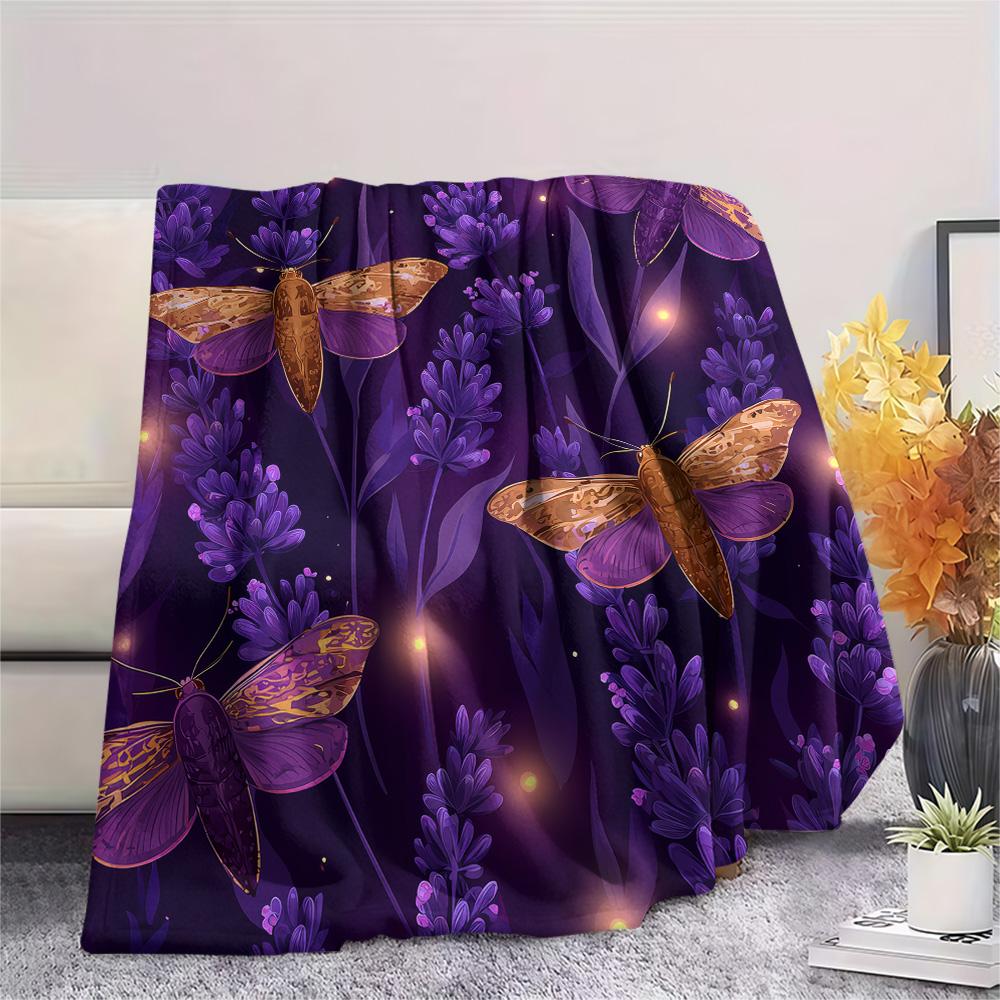Purple Flower Butterfly  Print Flannel Blanket, High quality Comfortable for All Seasons, Home Decor, Warmth and Comfort