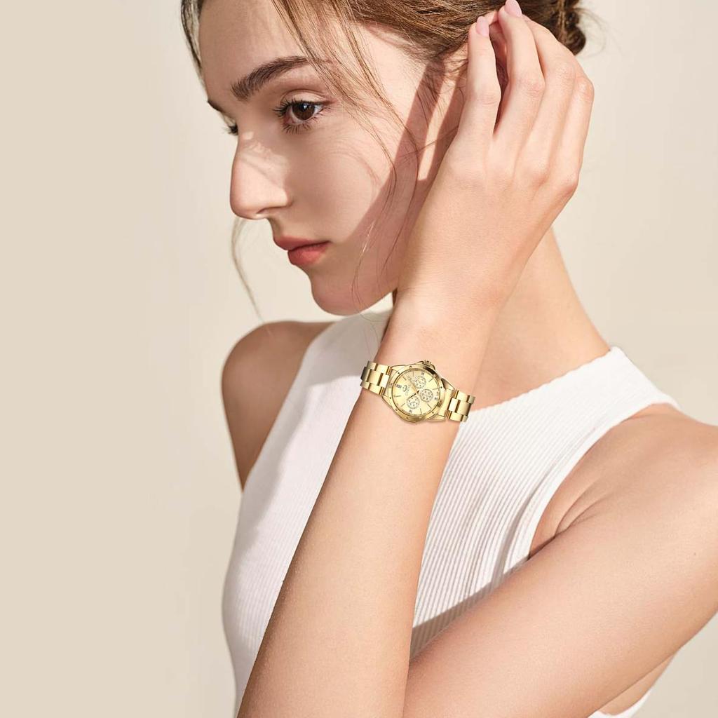 Women's Watch with Round Dial, Rainproof, Large Dial, Triple Lens, Stainless Steel, Bar Index, Quartz Movement, Adjustable, Gold Dial, Perfect Gift
