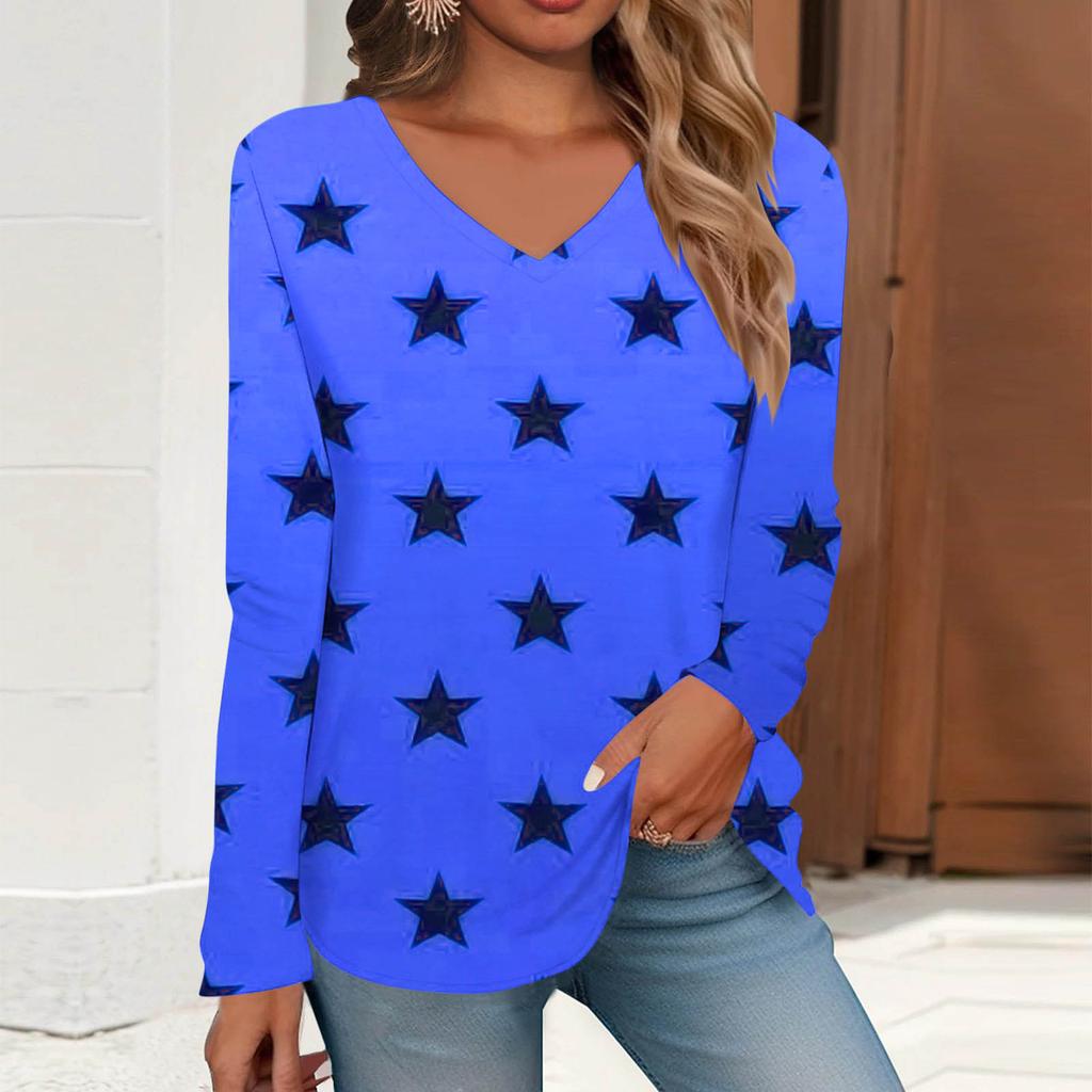 V-neck 3D Printed Star Pattern Top Fashionable Casual Long Sleeved Women's T-shirts