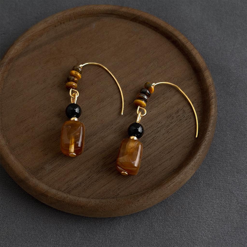 Retro Melaard Tiger's Eye Handmade French Light Luxury Stud Earrings for Women