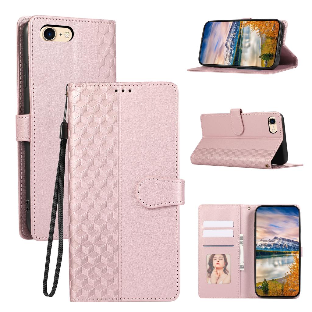 For iPhone 16e Case 3D Rhombus Grid Imprinted Wallet Leather Phone Cover with Lanyard