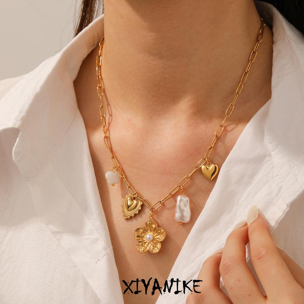 316L Edelstahl Perlmutt Inlay Blume Schmetterling Herz Anhänger Halskette Damen Klassisch Faszinierend Halskette Schmuck