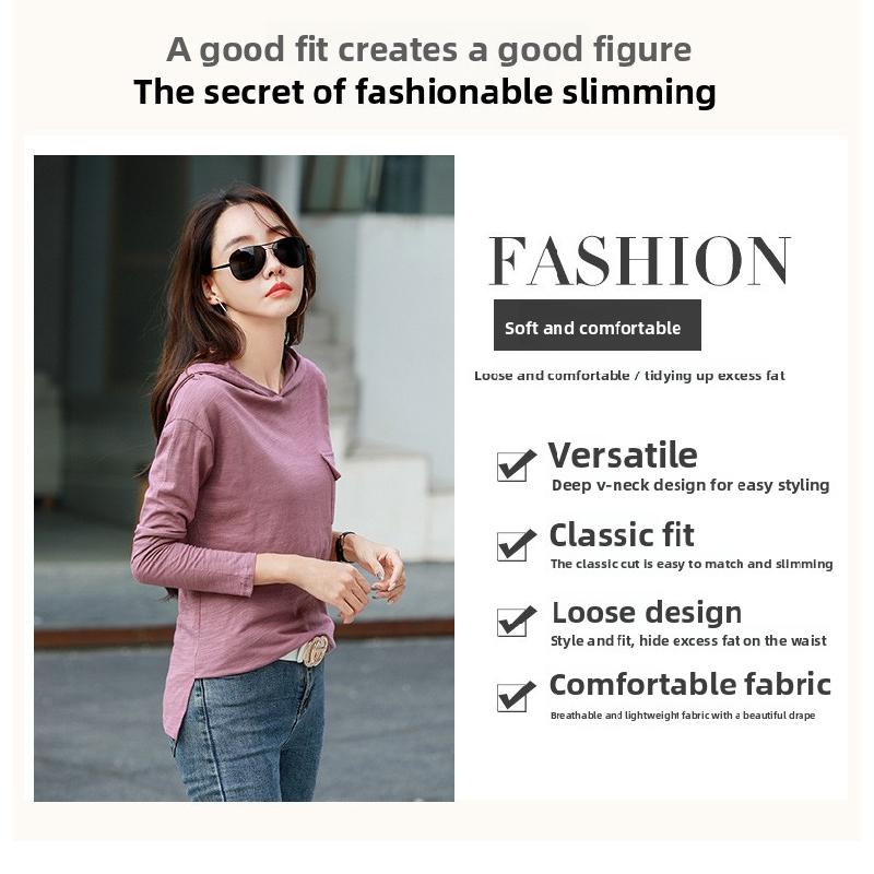 2026 Spring and Autumn Women's Pure Cotton Loose Hooded Long Sleeve T-Shirt, Comfortable Casual Top