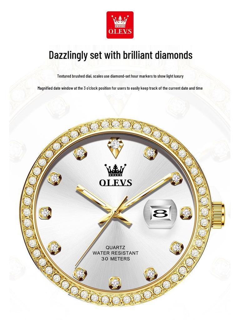Olishi Men's Luminous Waterproof Quartz Watch with Diamond Bezel and Steel Band