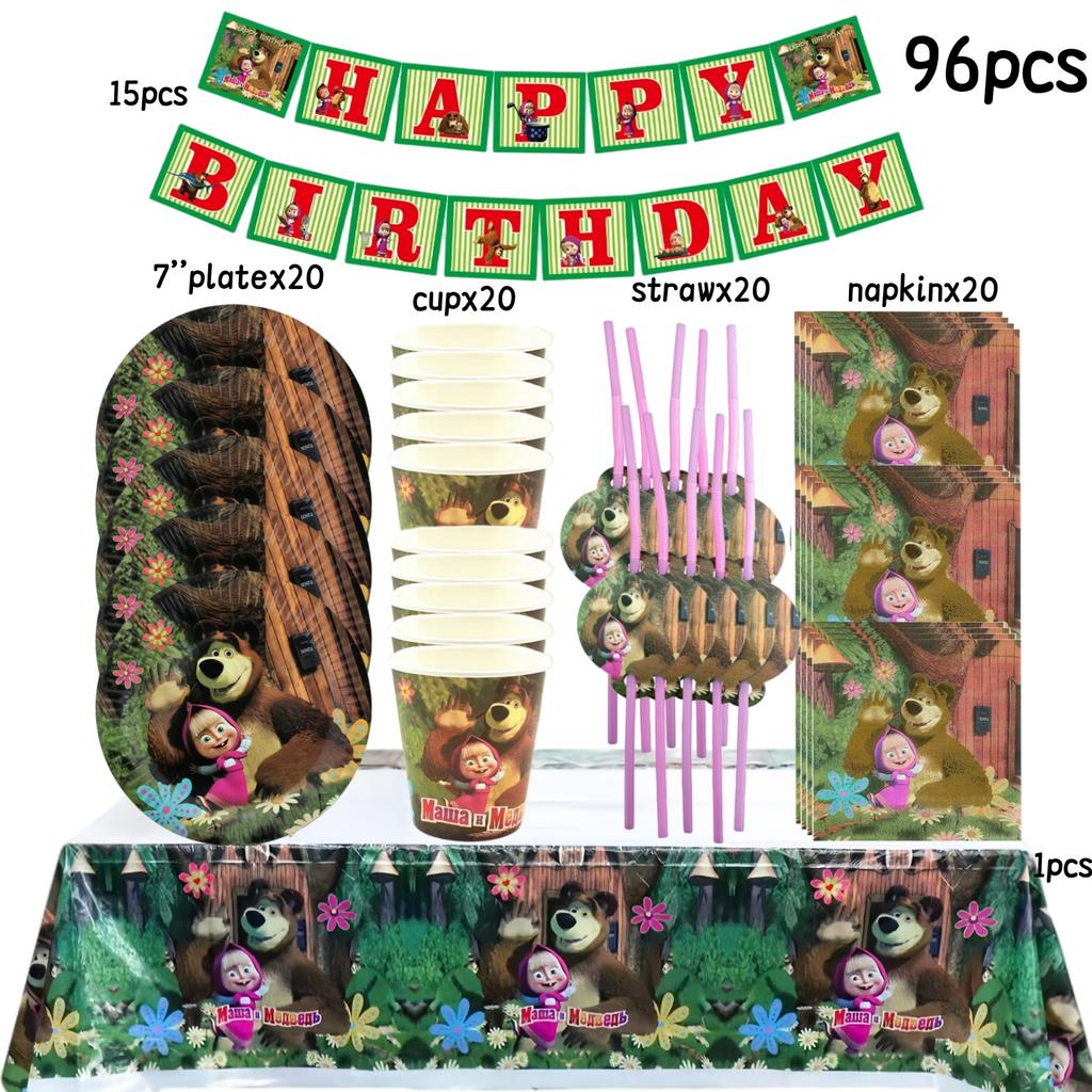 Dívka a medvěd Narozeninová sada Party dekorace Narozeninové talíře Ubrus Ubrousky Dárková taška Oslava pro miminko Party drobnosti Potřeby