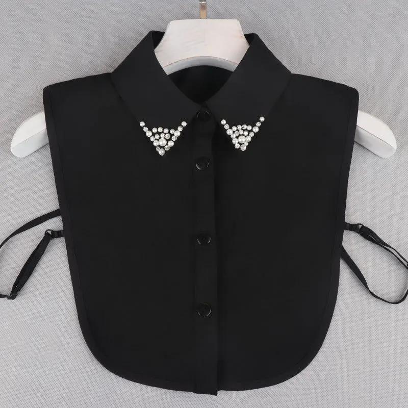 Fashion Ladies Fake Collar for Women Chiffon Fake Collar Rhinestone False Collar Lapel Detachable Button Half-Shirt Blouse Top