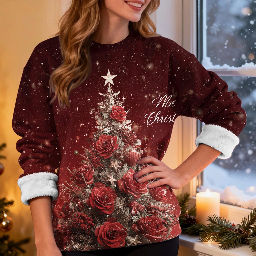 Women's Casual Fashion Round Neck Plus Velvet Thickened Christmas Print Sweatshirt