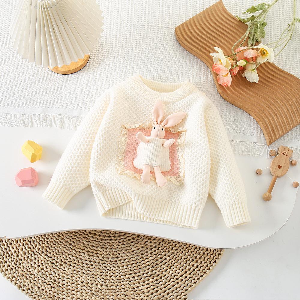 Baby Girls Sweater Set Fall Winter 2004, Pocket Rabbit Round Neck Pullover, Korean Cute Outfit