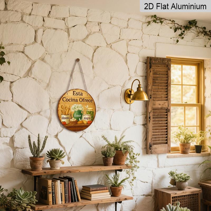 2D Flat, 1pc 7.87 Inch Round Aluminum Sign, "This Kitchen Offers Love & Joy" Rustic Farmhouse Kitchen Design, Vintage Food & Floral Metal Wall Art