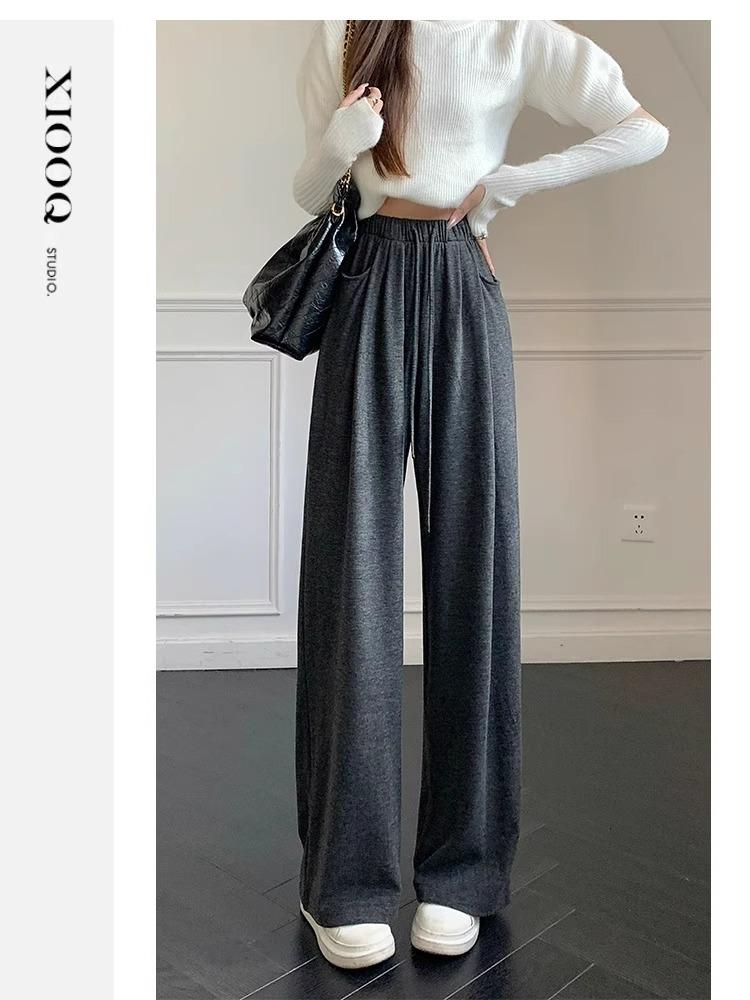 Petite Oatmeal Wide-Leg Pants for Women - High Waist, Drapey, Loose Fit, Floor-Length for Spring and Autumn.