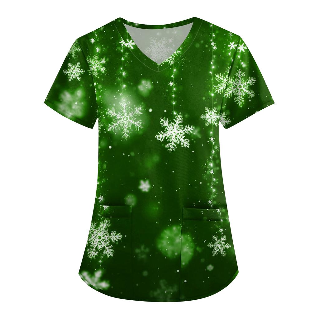 Women's Printing Uniform Work Uniform V-neck Pockets Basic Short Sleeve Pullover Top