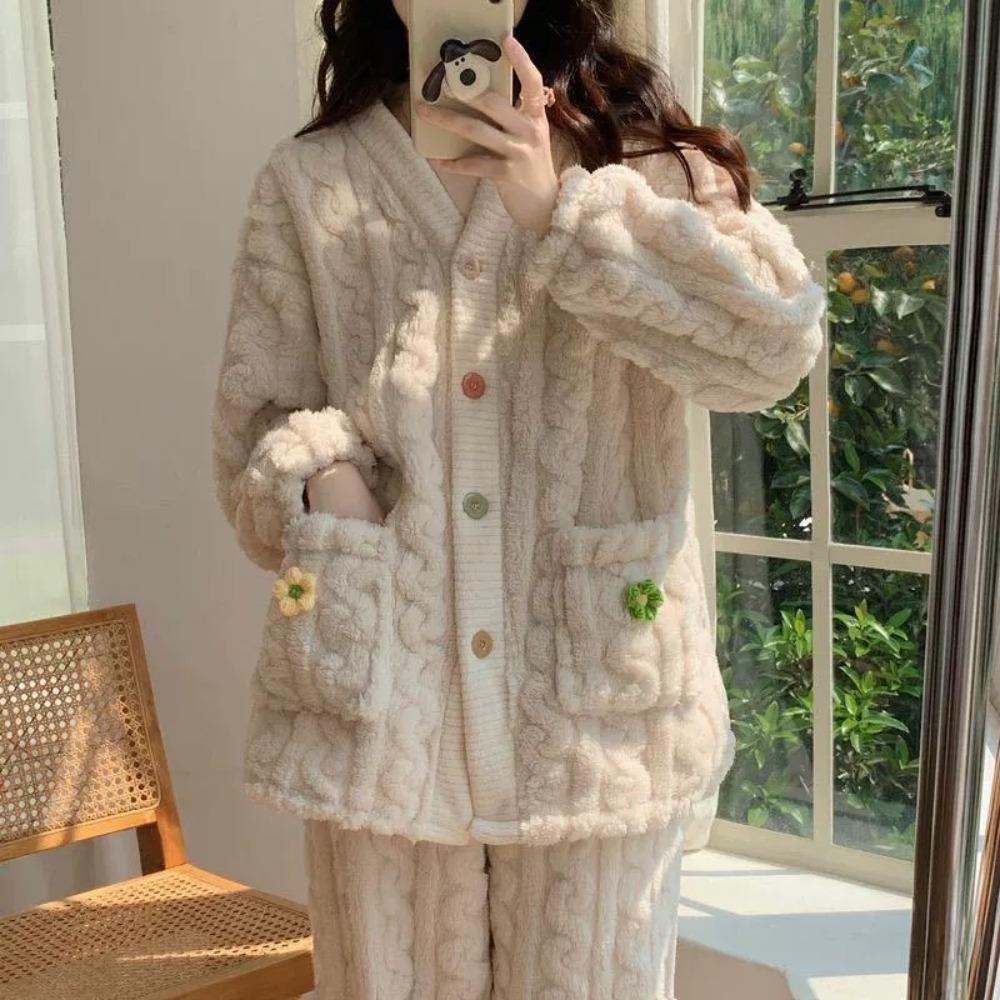 **Kadın Flanel Pijama Takımı Yuvarlak Yaka Jakarlı Uzun Peluş Kalın Sıcak Ev Giyimi**