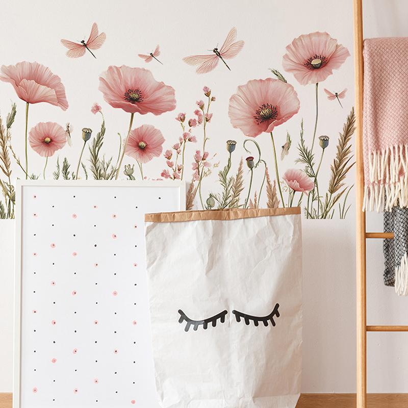 2PCS Watercolor Pink Flower Dragonfly Bedroom Porch Background Wall Beautify Wall Sticker Room Decoration