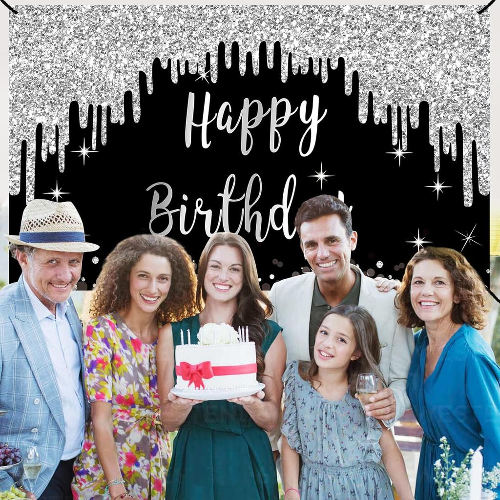 Black White Silver Happy Birthday Banner Decorations for Women Girls, Black Silver Happy Birthday Backdrop Sign Party Supplies, 16th 21st 30th 40th