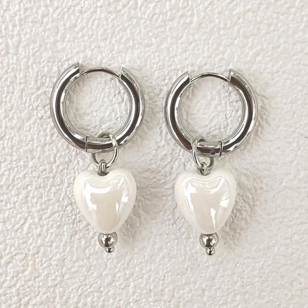 Stainless Steel Hoop Earrings with Heart-Shaped Pendant Lightweight Dangle Earrings for Women Elegant Jewelry Accessories