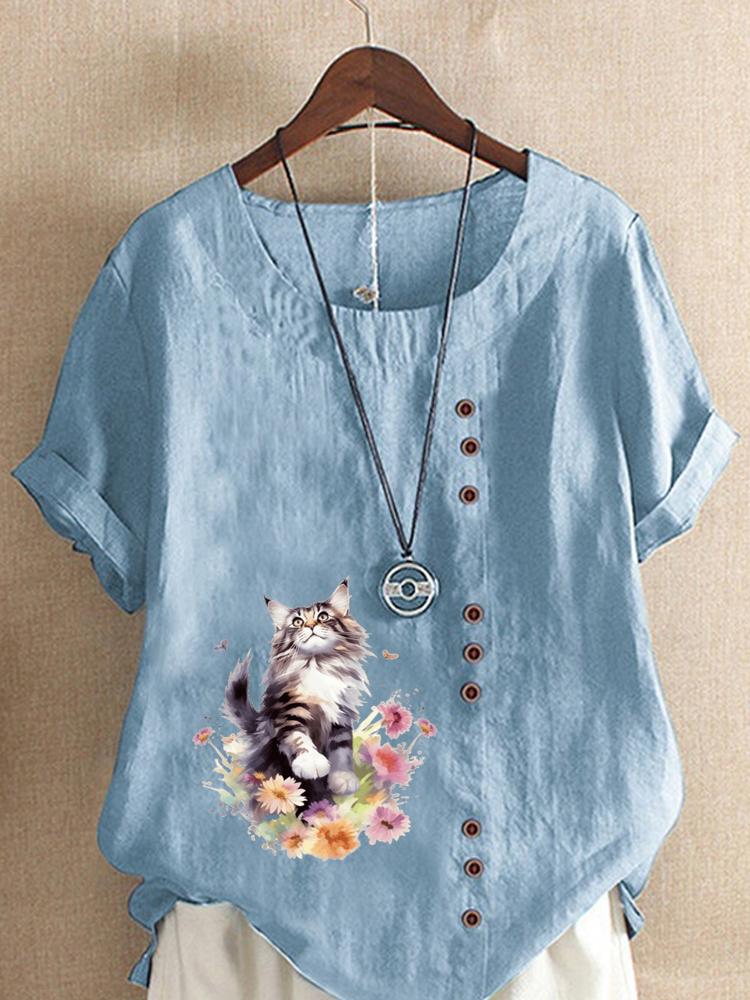 Women's Fashion Floral Cat Print Round Neck Short Sleeve T-shirt Casual Cotton Linen Graphic Shirt Leisure Loose Summer Blouse Tops