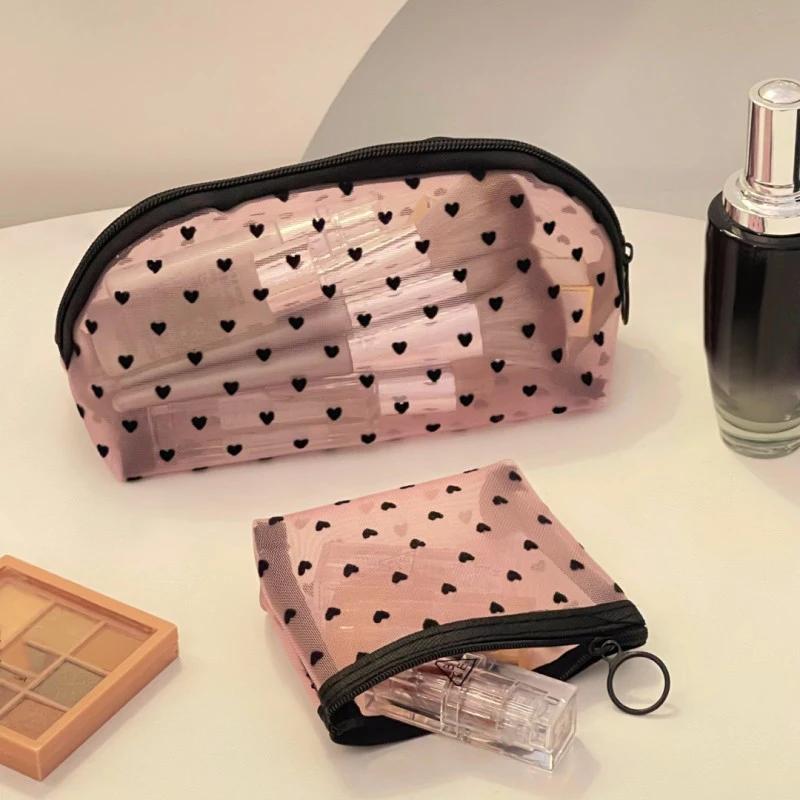 Borsa per il trucco a forma di cuore, in rete trasparente, multifunzione, portatile, per donne, con organizer per cosmetici, rossetti e articoli da toeletta