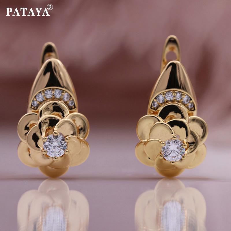 PATAYA Metal Flower Earrings Ring Set Rose Gold Color Wedding Creative Artificial Zircon Trend Unusual Women Set