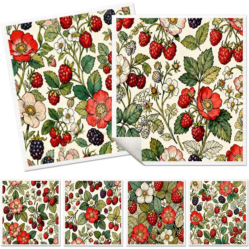 6PCS Cleaning Dishcloths Reusable Kitchen Dish Towels Vintage Floral Berry Print Dishcloth Absorbent Lint Free Cloth Washable Duster Rags Tea Towels