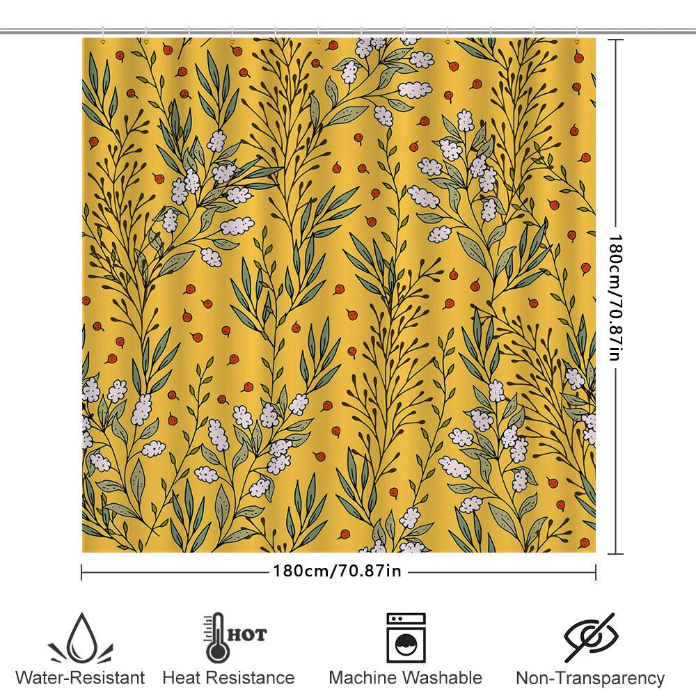 Floral Shower Curtain Decorative Bath Mat Pvc Waterproof Bathroom Decor Wall Hanging Printed Water Splatter Resistant Yellow Wit