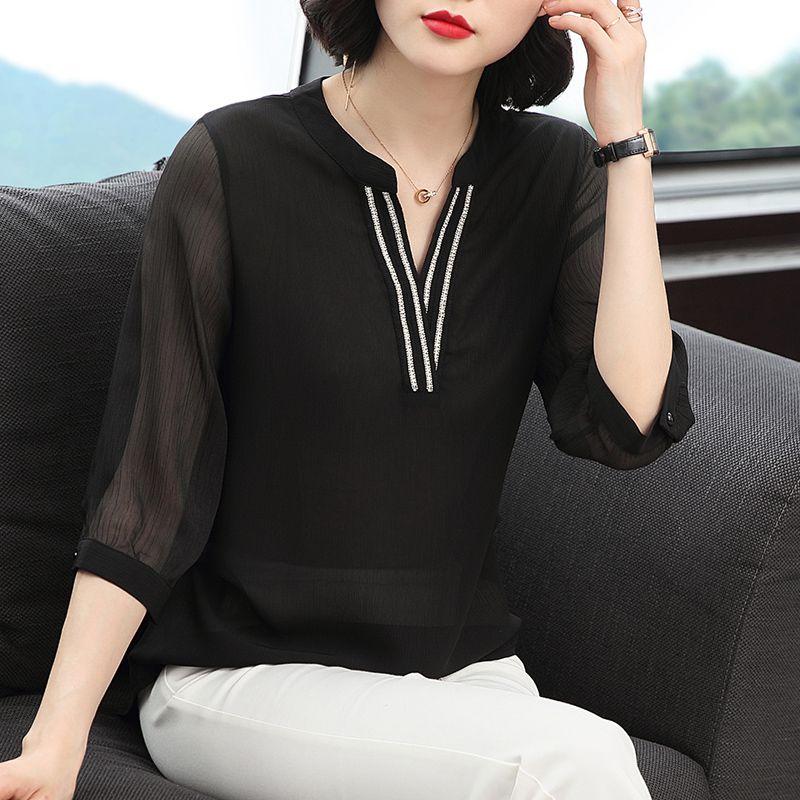 Summer Women Chiffon Blouse V-Neck Rhinestone Detail Sheer Sleeve Casual Top T-Shirts