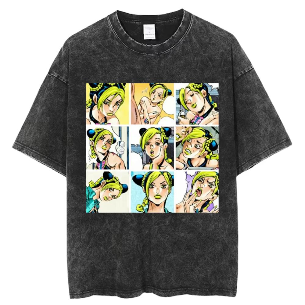 Hot Anime Jojo's Bizarre Adventure Kuujou Jolyne Print T-shirt Men Manga Cotton Tshirts Washed Casual Tee Harajuku Male T Shirt