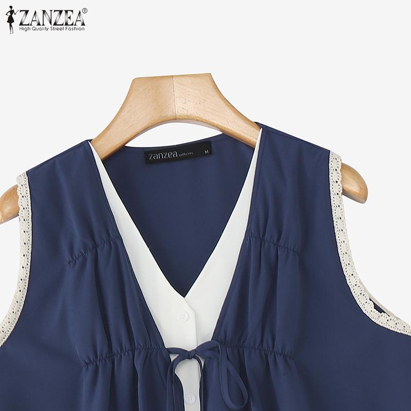 ZANZEA Women V Neck Sleeveless Fake Two-piece Buttons Up Pleated Casual Tank Tops
