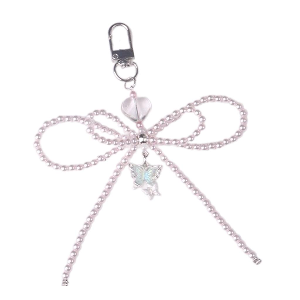 Pearls Beaded Bowknot Keyrings Cute Double Layer Butterfly Knot Pendant Keychain Colorful Phone Lanyard Accessories