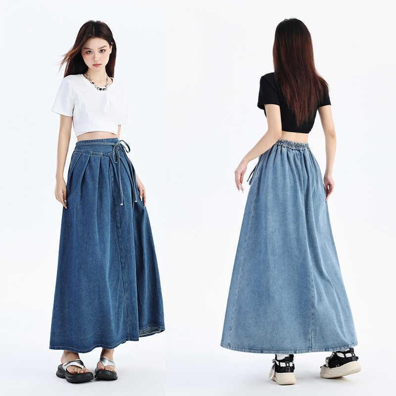 Lace Up Corset Midi Long Skirts Women Spring Summer Korea Style Vintage High Waist Jean Skirt A Line Ruffle Pleated Denim