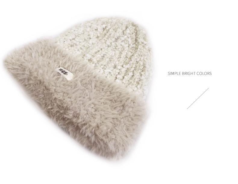 Cat Brother Korean Style Knit Hat: Color Block Plush, Warm Wool, Women's Large Head Circumference